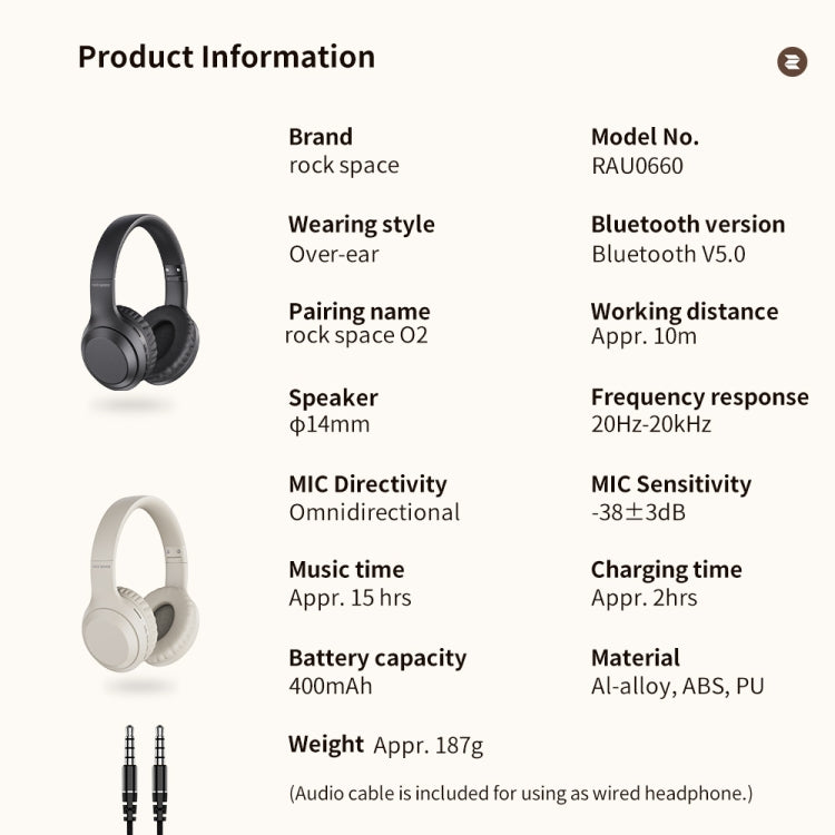 ROCK Space O2 HiFi Bluetooth 5.0 Auriculares inalámbricos con micrófono, compatible con tarjeta TF, Space O2