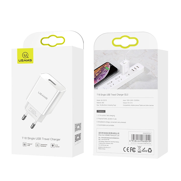 USAMS US-CC075 T18 2.1A Cargador de viaje USB único, enchufe de la UE, EU Plug
