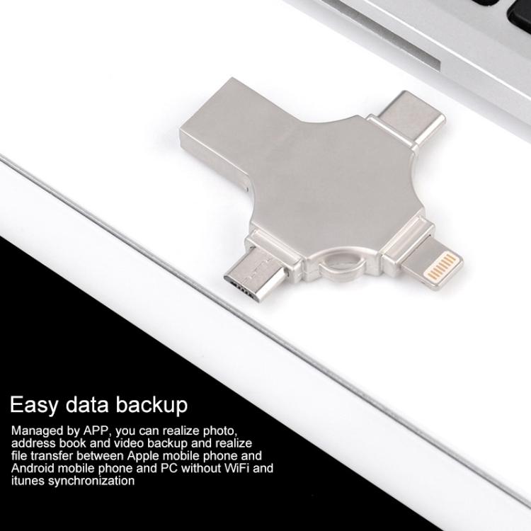 Cross 4 en 1 32GB 8 pines + Micro USB + USB-C / Type-C + USB 3.0 Disco flash de metal, 32GB