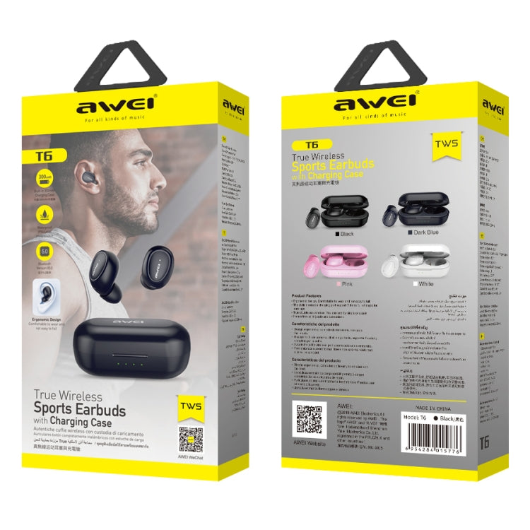 awei T6 TWS Bluetooth V5.0 Ture Auriculares deportivos inalámbricos con estuche de carga