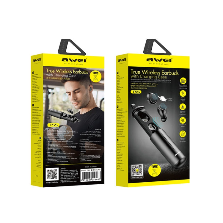 Awei T55 TWS Bluetooth V5.0 Ture Auriculares deportivos inalámbricos con estuche de carga portátil