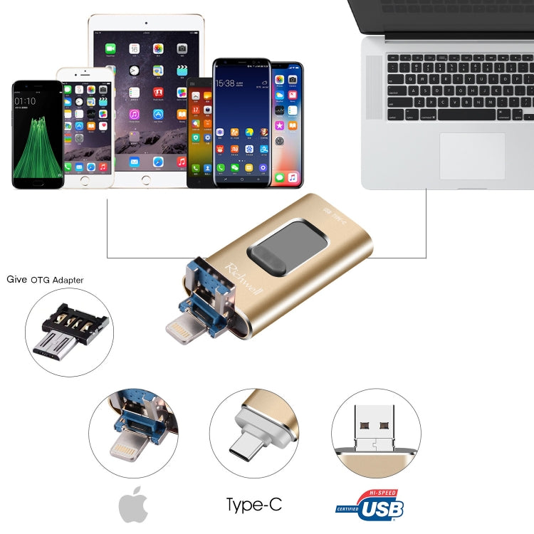 Richwell 3 en 1 16G Type-C + 8 Pin + USB 3.0 Disco flash push-pull de metal con función OTG