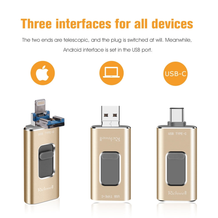 Richwell 3 en 1 32G Type-C + 8 Pin + USB 3.0 Disco flash push-pull de metal con función OTG