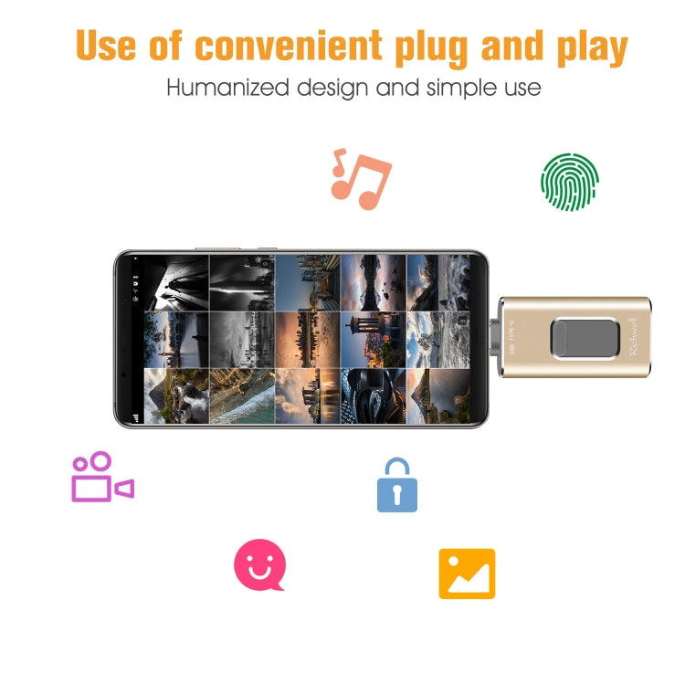 Richwell 3 en 1 32G Type-C + 8 Pin + USB 3.0 Disco flash push-pull de metal con función OTG