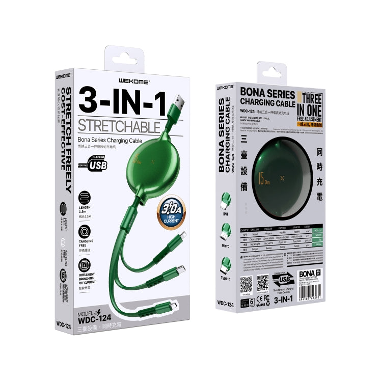 WK WDC-124 3A 3 en 1 Cable de datos de carga telescópico de 8 pines + Tipo-C / USB-C + Micro USB Serie Bona, Longitud: 1,5 m