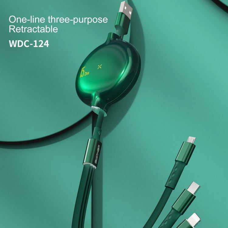 WK WDC-124 3A 3 en 1 Cable de datos de carga telescópico de 8 pines + Tipo-C / USB-C + Micro USB Serie Bona, Longitud: 1,5 m