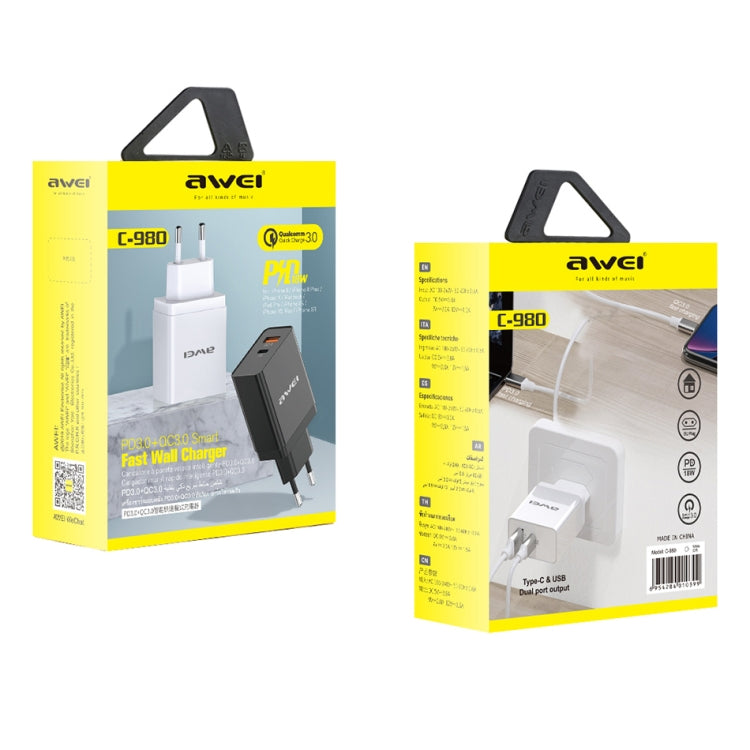 awei C-980 18W PD USB-C / Type-C + QC 3.0 Interfaz USB Cargador de viaje de carga rápida, enchufe de la UE