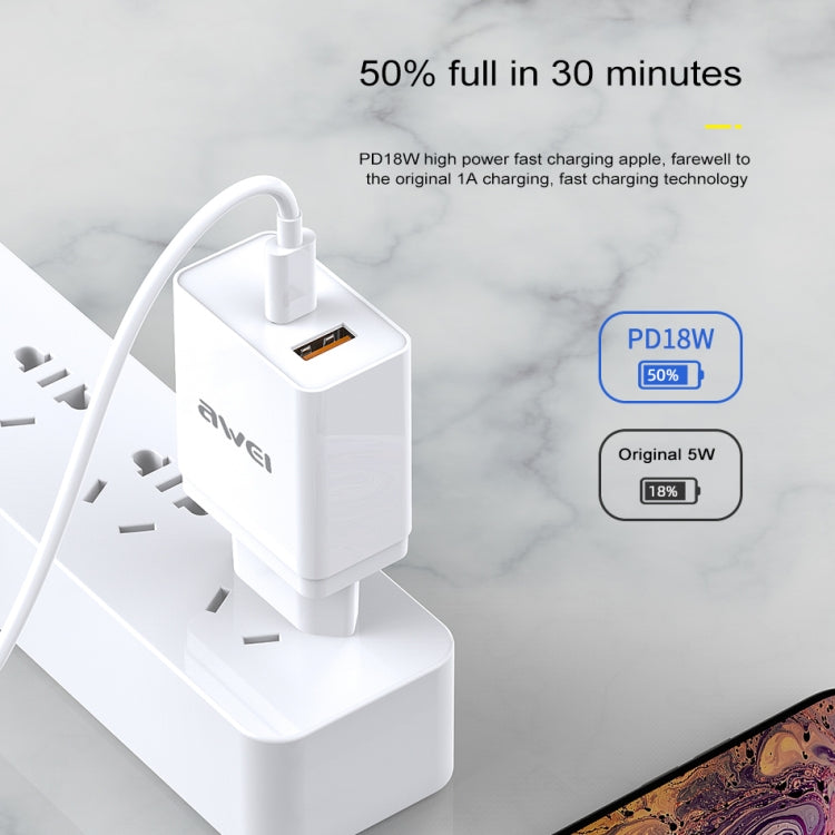 awei C-980 18W PD USB-C / Type-C + QC 3.0 Interfaz USB Cargador de viaje de carga rápida, enchufe de la UE
