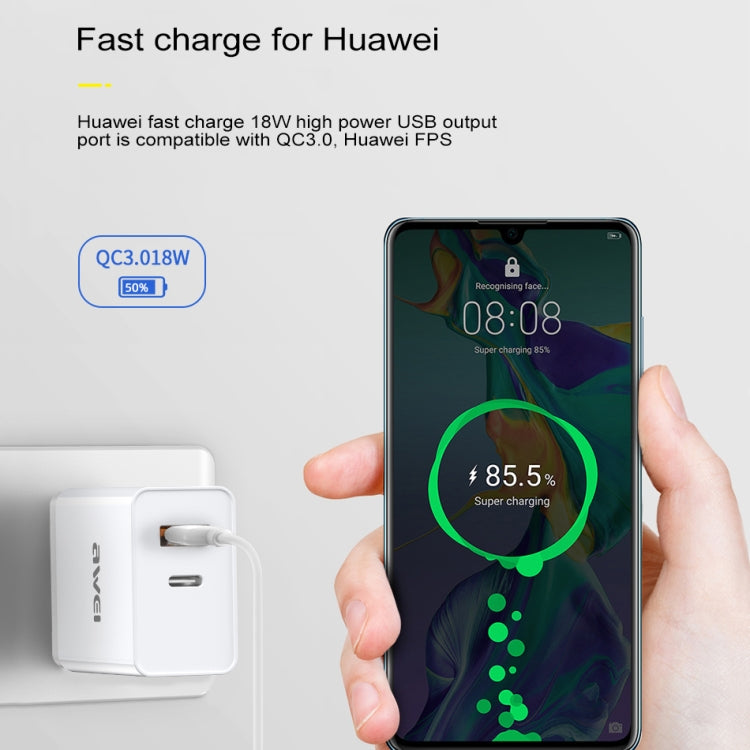 awei C-980 18W PD USB-C / Type-C + QC 3.0 Interfaz USB Cargador de viaje de carga rápida, enchufe de la UE