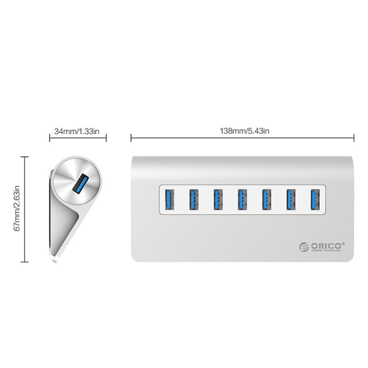 ORICO M3H7-V1 Aleación de aluminio 7 puertos USB 3.0 HUB con adaptador de corriente de 30W, M3H7-V1
