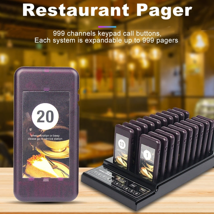 QC100 Sistema de llamadas de colas de paginación inalámbrica para restaurante de 999 canales con 20 buscapersonas con posavasos, enchufe de la UE
