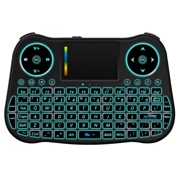 MT08 Mini teclado QWERTY inalámbrico Air Mouse de 2,4 GHz con retroiluminación colorida, panel táctil y control multimedia para PC, TV, MT08