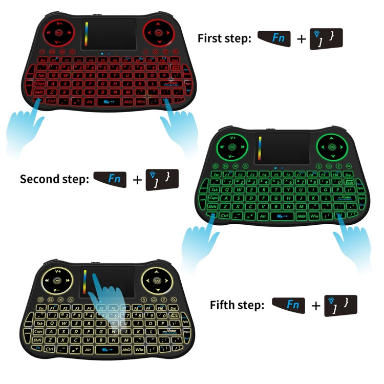 MT08 Mini teclado QWERTY inalámbrico Air Mouse de 2,4 GHz con retroiluminación colorida, panel táctil y control multimedia para PC, TV, MT08