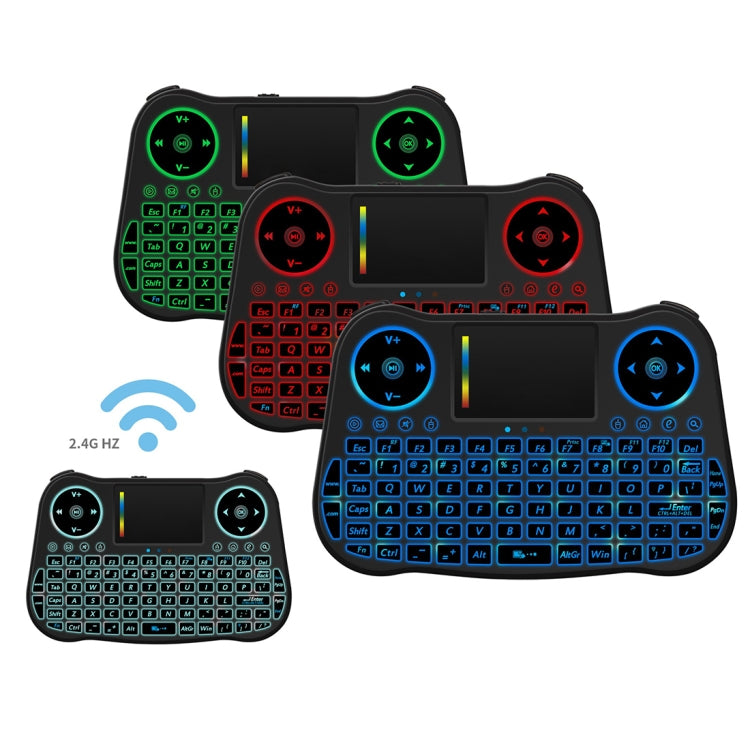 MT08 Mini teclado QWERTY inalámbrico Air Mouse de 2,4 GHz con retroiluminación colorida, panel táctil y control multimedia para PC, TV, MT08