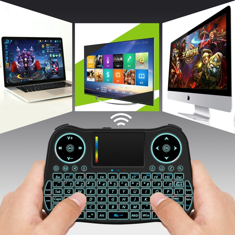 MT08 Mini teclado QWERTY inalámbrico Air Mouse de 2,4 GHz con retroiluminación colorida, panel táctil y control multimedia para PC, TV, MT08