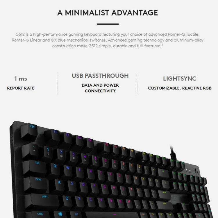 Teclado mecánico para juegos con cable Logitech G512 RGB con eje C, longitud: 1,8 m, Logitech G512 C-axis
