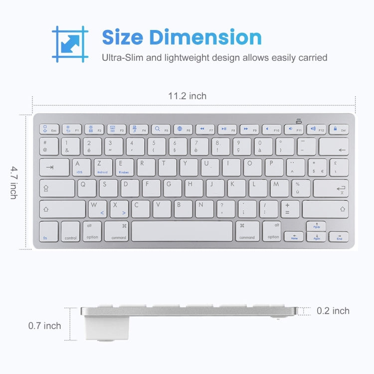 WB-8022 Teclado Bluetooth Inalámbrico Ultrafino para iPad, Samsung, Huawei, Xiaomi, Tablet PC o Smartphones, Teclas Francesas, French Keys