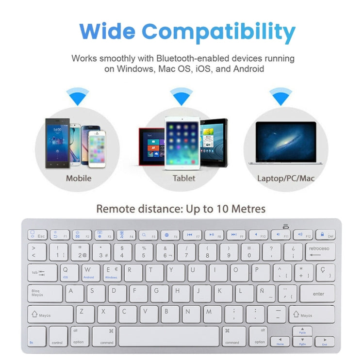 WB-8022 Teclado Bluetooth Inalámbrico Ultrafino para iPad, Samsung, Huawei, Xiaomi, Tablet PC o Smartphones, Teclas en Español, Spanish Keys