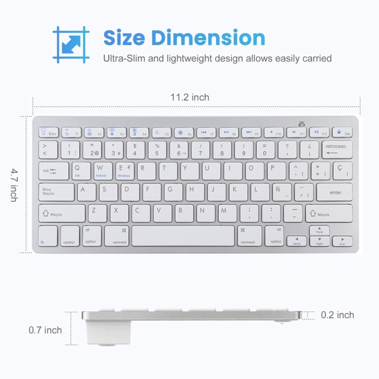 WB-8022 Teclado Bluetooth Inalámbrico Ultrafino para iPad, Samsung, Huawei, Xiaomi, Tablet PC o Smartphones, Teclas en Español, Spanish Keys