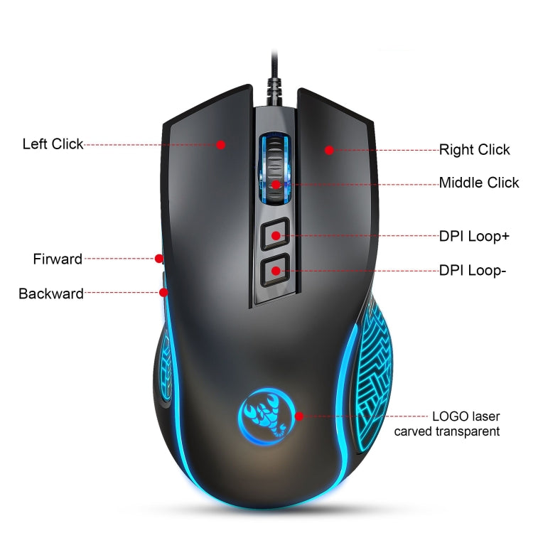 HXSJ X100 Ratón para juegos con cable, brillante, 7 botones, 3600 ppp, longitud del cable: 1,5 m