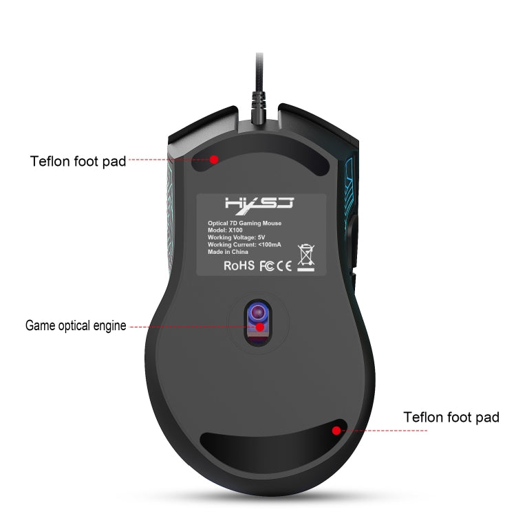 HXSJ X100 Ratón para juegos con cable, brillante, 7 botones, 3600 ppp, longitud del cable: 1,5 m