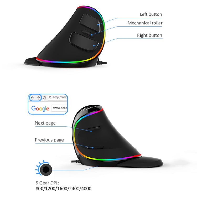 DELUX M618 Plus RGB Ratón óptico con cable Ratón vertical ergonómico 4000DPI, 4000DPI Wired