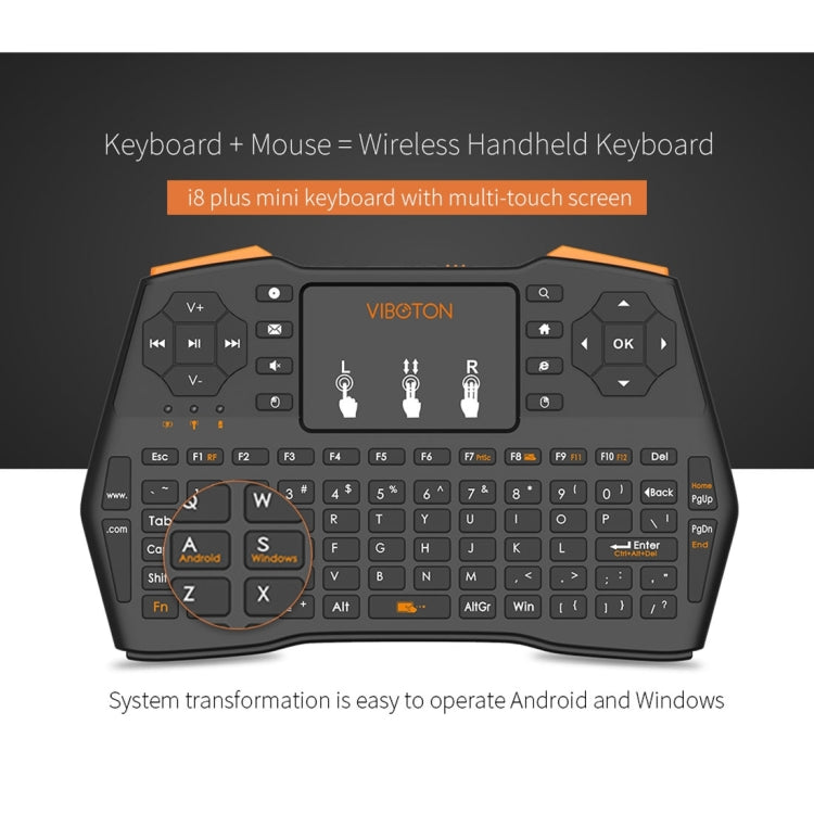 VIBOTON i8 Plus Mini teclado inalámbrico QWERT de 2,4 GHz actualizado con panel táctil para TV Box, Mi Box, computadora, tableta, computadora portátil y proyector (negro), Wireless Keyboard