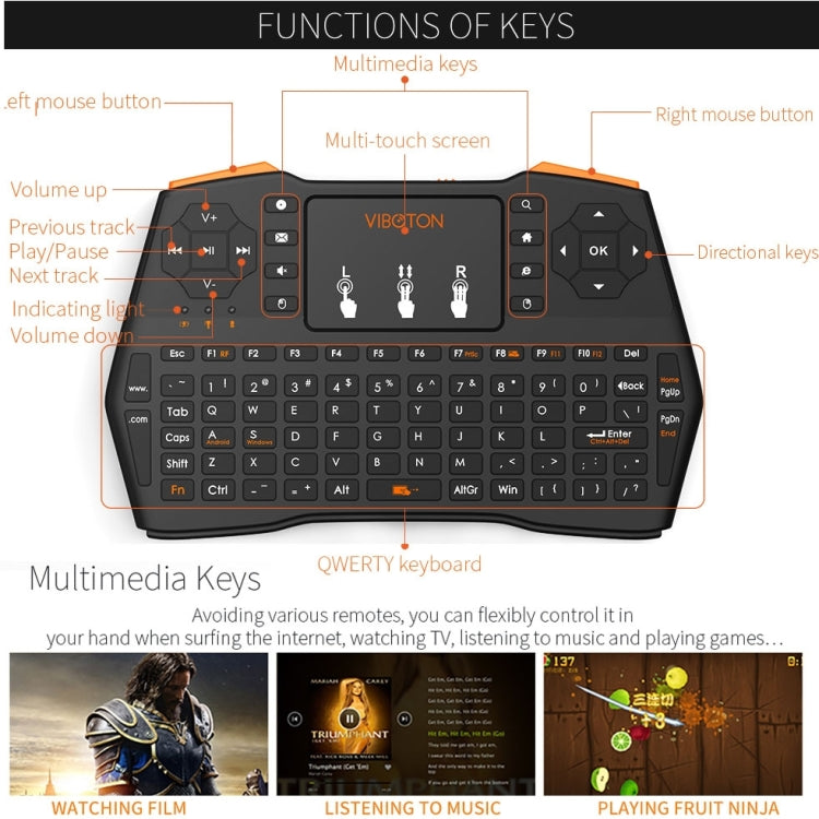 VIBOTON i8 Plus Mini teclado inalámbrico QWERT de 2,4 GHz actualizado con panel táctil para TV Box, Mi Box, computadora, tableta, computadora portátil y proyector (negro), Wireless Keyboard