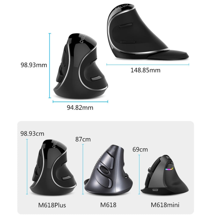 DELUX M618 Plus 2.4G 1600DPI Ratón ergonómico vertical portátil inalámbrico, 1600DPI Wireless