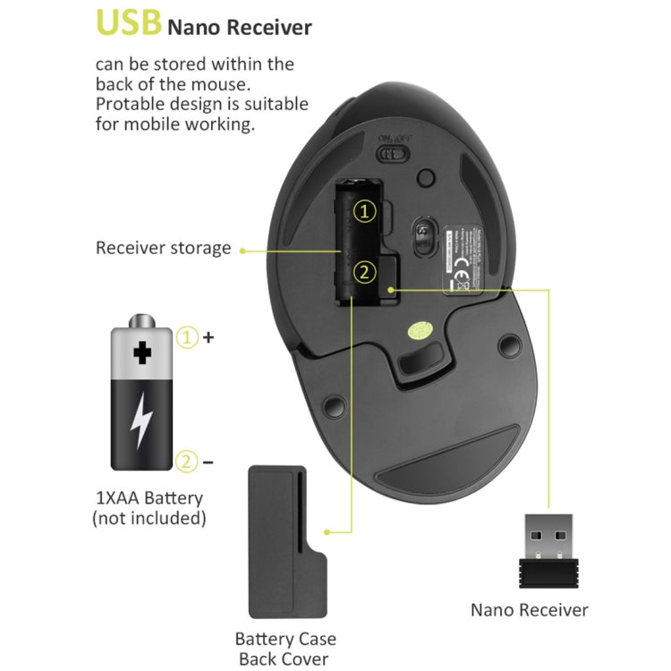 DELUX M618 Plus 2.4G 1600DPI Ratón ergonómico vertical portátil inalámbrico, 1600DPI Wireless