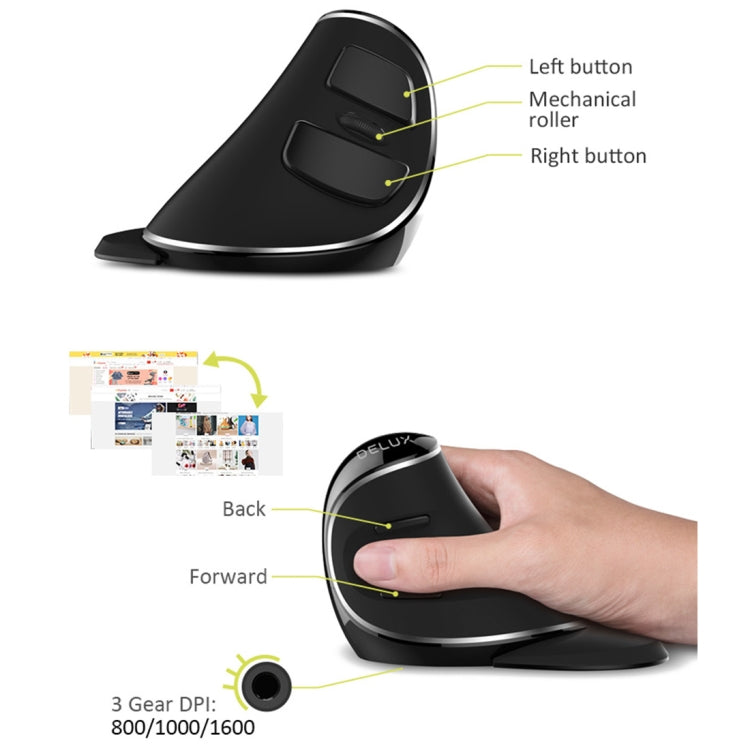 DELUX M618 Plus 2.4G 1600DPI Ratón ergonómico vertical portátil inalámbrico, 1600DPI Wireless