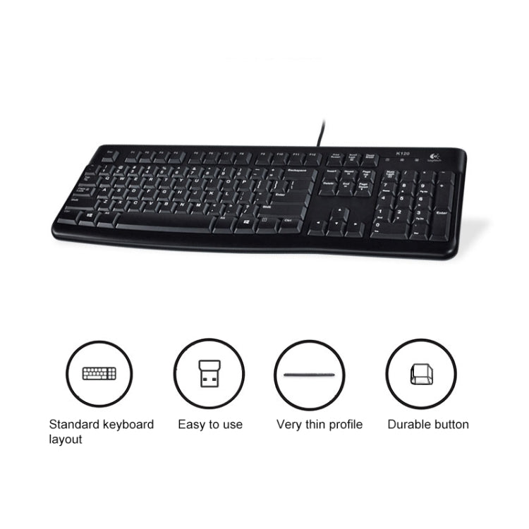 Logitech K120 Teclado USB resistente al agua con cable para computadoras de escritorio / portátiles, Logitech K120