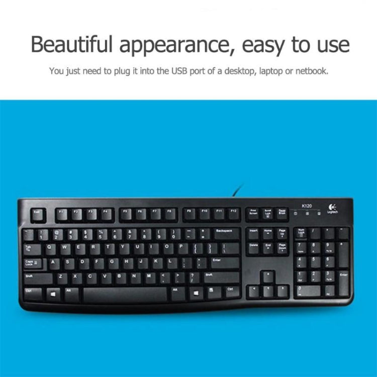 Logitech K120 Teclado USB resistente al agua con cable para computadoras de escritorio / portátiles, Logitech K120