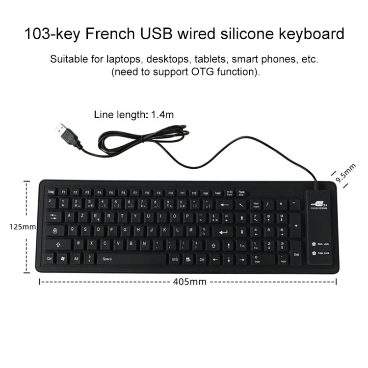 Teclado impermeable de silicona con cable USB francés de 103 teclas, teclado para computadora portátil de escritorio, longitud del cable: 1,5 m