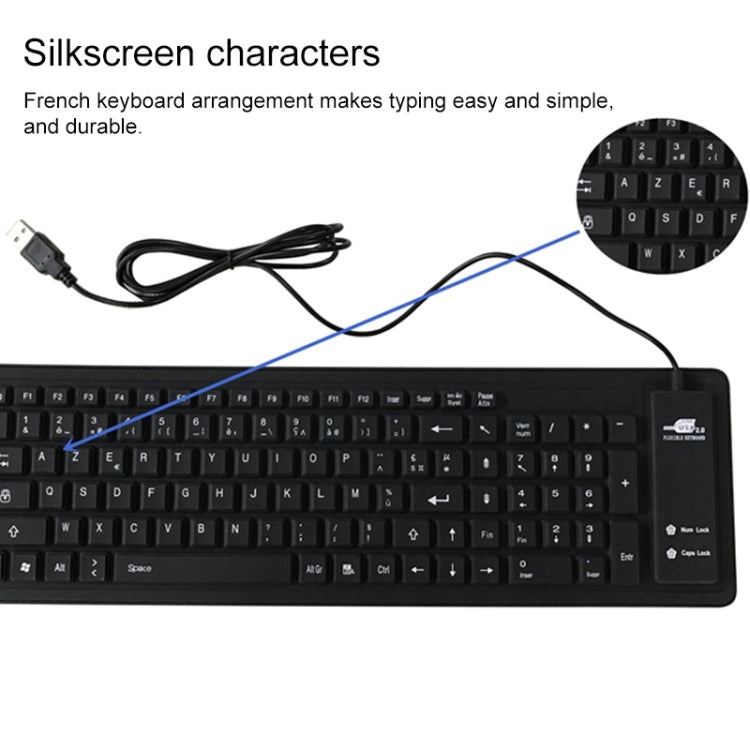 Teclado impermeable de silicona con cable USB francés de 103 teclas, teclado para computadora portátil de escritorio, longitud del cable: 1,5 m