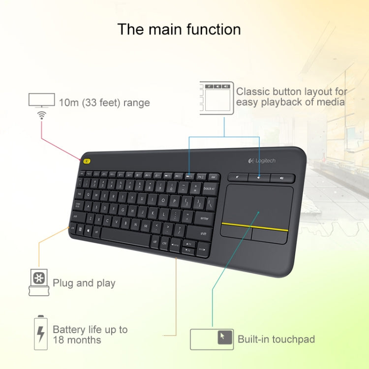 Teclado de control táctil inalámbrico Logitech K400 Plus de 2,4 GHz, alcance inalámbrico: 10 m, Logitech K400 Plus