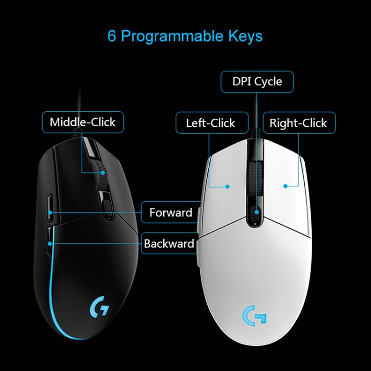 Logitech G102 Ratón óptico para juegos con cable ajustable, 6 teclas, RGB, brillante, 6000 ppp, cinco velocidades, longitud: 2 m, G102, G102 (White)