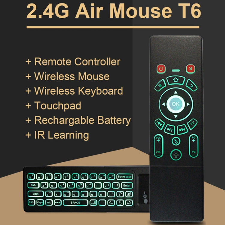 T6 Colorful Light Version Air Mouse 2.4GHz Teclado inalámbrico Control remoto con panel táctil y aprendizaje por infrarrojos para PC, Android TV Box / Smart TV, dispositivos multimedia, T6