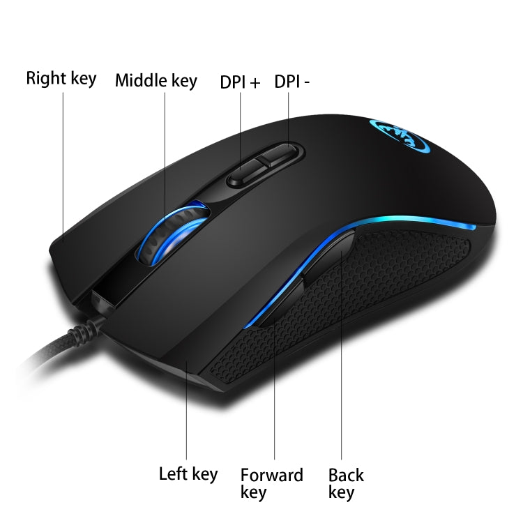 HXSJ A869 Juego con cable brillante colorido 7 teclas 3200 DPI Ratón óptico ergonómico ajustable, A869