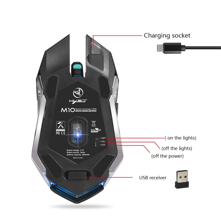 HXSJ M10 2,4 GHz 6 teclas USB recargable iluminación colorida ergonómico 2400DPI ratón óptico inalámbrico para juegos para computadoras de escritorio, M10