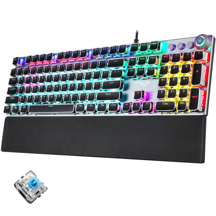 AULA F2088 108 teclas, teclado USB de Gaming con cable y botón de Metal, chapado en luz mixta, interruptor azul mecánico Punk, Blue Switch Silver