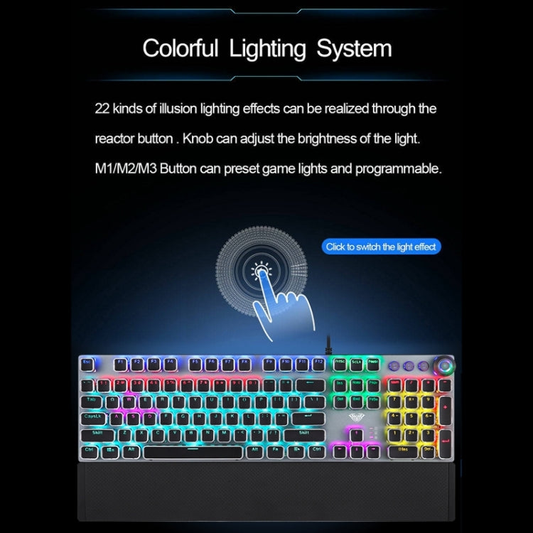 AULA F2088 108 teclas, teclado USB de Gaming con cable y botón de Metal, chapado en luz mixta, interruptor azul mecánico Punk, Blue Switch Silver