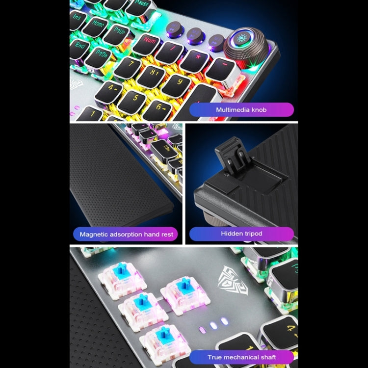 AULA F2088 108 teclas, teclado USB de Gaming con cable y botón de Metal, chapado en luz mixta, interruptor azul mecánico Punk, Blue Switch Silver