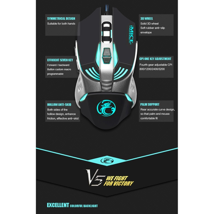 IMICE V5 USB 7 botones 4000 DPI con cable óptico colorido retroiluminación ratón para juegos para ordenador PC y portátil, V5  (White), V5  (Black)