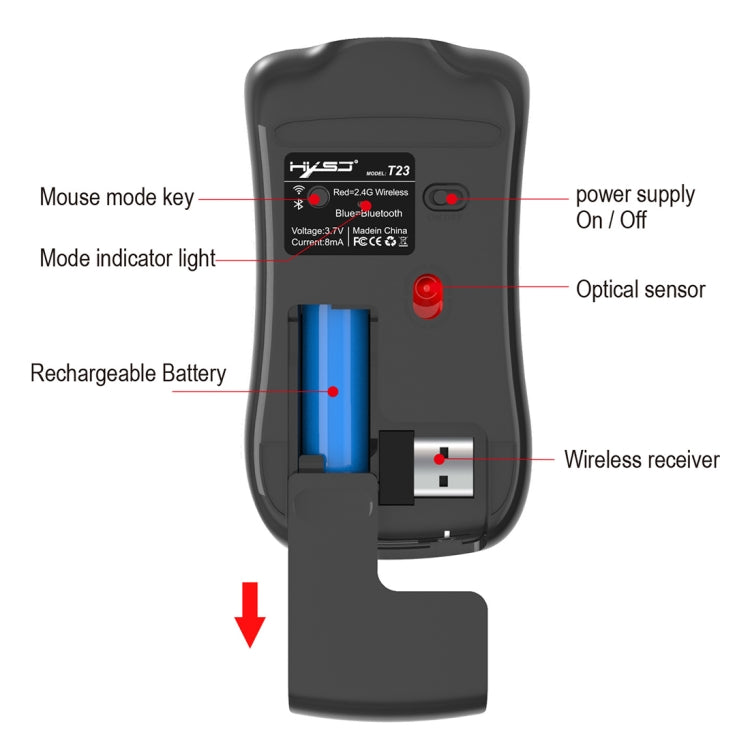 HXSJ T23 Bluetooth 5,0 + Bluetooth 3,0 + 2,4 GHz inalámbrico tres modos 4 teclas 1600 DPI ratón óptico ergonómico ajustable, T23 Black, T23 Gold, T23 Blue