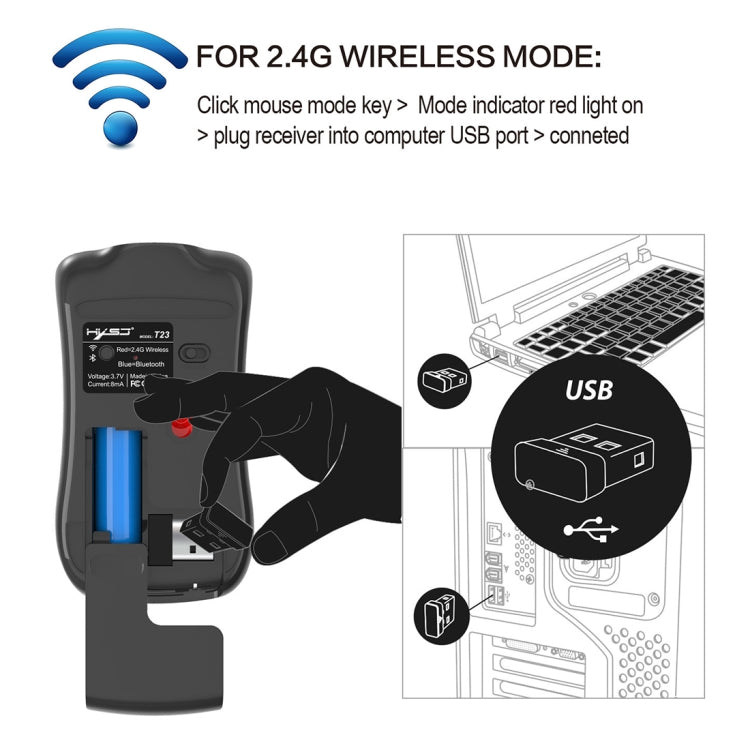 HXSJ T23 Bluetooth 5,0 + Bluetooth 3,0 + 2,4 GHz inalámbrico tres modos 4 teclas 1600 DPI ratón óptico ergonómico ajustable, T23 Black, T23 Gold, T23 Blue