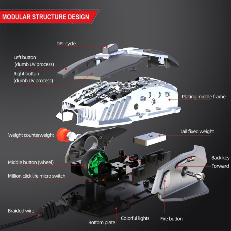 HXSJ J200 Ratón mecánico para deportes electrónicos con cable programable de 7 teclas con luz