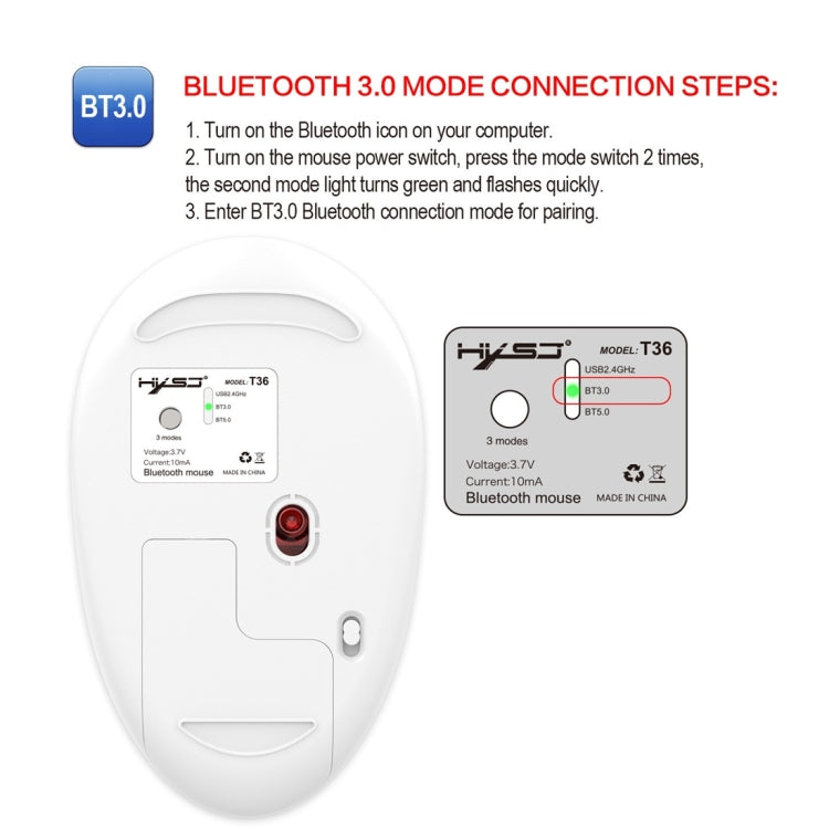 HXSJ T36 2.4G Bluetooth 5.0+3.0 Ratón Bluetooth inalámbrico de diseño silencioso de tres modos