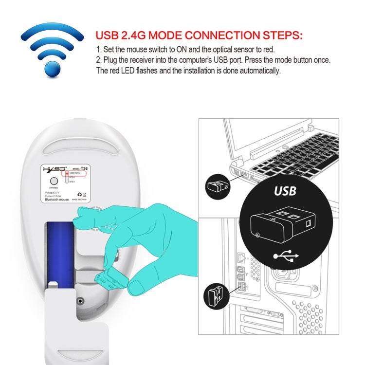 HXSJ T36 2.4G Bluetooth 5.0+3.0 Ratón Bluetooth inalámbrico de diseño silencioso de tres modos