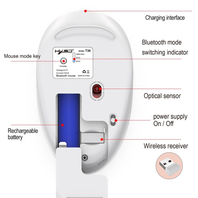 HXSJ T36 2.4G Bluetooth 5.0+3.0 Ratón Bluetooth inalámbrico de diseño silencioso de tres modos